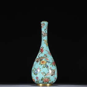 A piece of Qing Dynasty bronze painting, enamel turquoise, green land, crane, peony pattern, jade