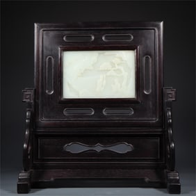 A beautiful Hetian jade mahogany inlaid Hetian jade screen ornament