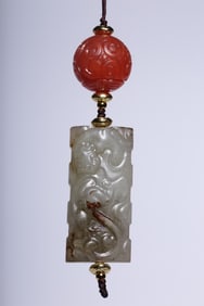 A beautiful ancient Hetian white jade drum nail dragon pattern Lezi treasure string