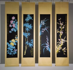 A beautiful four screens of Qi Gong plum orchids and bamboo chrysanthemums