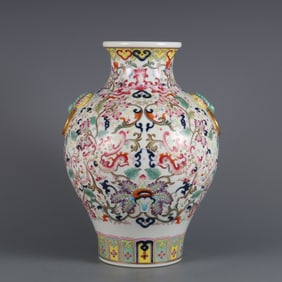 A blue and white plus pastel double phoenix flower Fu Er Zun bottle made in the Qianlong period of