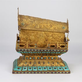 A beautiful copper-gilded turquoise agate, agate, lapis lazuli, flying Buddha statue pattern coffin,