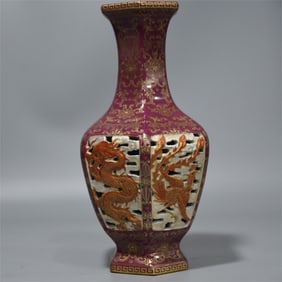 A beautiful carmine red gold-painted silver rubbing carved hollow dragon and phoenix presenting