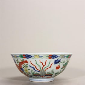 A blue and white colorful dragon and phoenix pattern bowl made in the Qing Dynasty Daoguang year