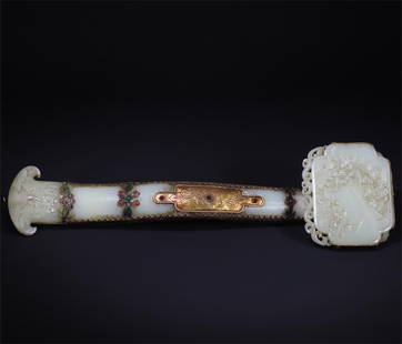 A beautiful gilded pattern picture jade ruyi: Exquisite gilt pattern picture jade ruyi Size: L:40cm W:1115g Ruyitou:H:5x11x9.3cm (The Dimensions Of All Batches Are Manually Measured.If You Need More Detailed Information, Please Contact Our Custom