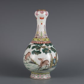 A pastel deer crane with spring garlic bottle made in the Qianlong period of the Qing Dynasty