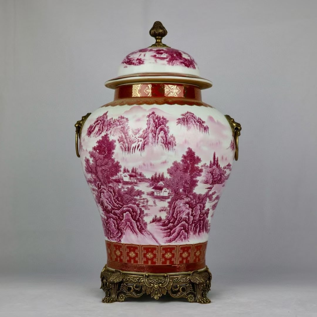 A beautiful carmine landscape painting gold-inlaid copper lion ring amphora general jar: Exquisite carmine landscape painting gold-inlaid bronze lion ring amphora general jar Size: H:52cm Mouth D:16cm D:28cm Bottom:22.5cm (The Dimensions Of All Batches Are Manually Measured.If You Need Mo