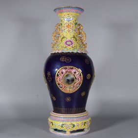 A pastel sacrificial blue and yellow ground ball flower hollow heart vase made in the Qianlong era