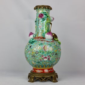 A beautiful pastel three-pattern bronze crane longevity peach bottle