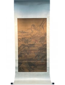 A six-foot vertical scroll on silk of Qiu Ying in the Ming Dynasty