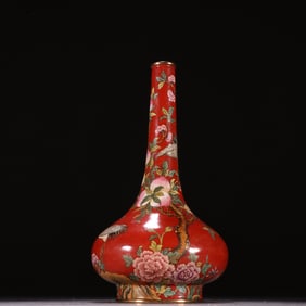 A Qing Dynasty copper tire painting enamel crane longevity peach pattern vase
