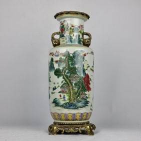 A beautiful pastel landscape bronze pomegranate amphora bottle