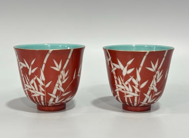 A pastel coral red bamboo pattern cup made in the Qing Dynasty