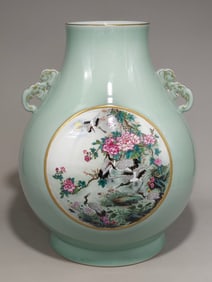 A pink bean celadon made in the Qianlong period of the Qing Dynasty with a window flower blooming