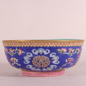 A Qing Dynasty Qianlong year enamel colorful blue background gold-painted five-blessing longevity