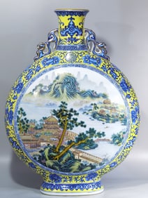 A beautiful blue and white yellow pastel with open windows and pavilions, landscape figures, ears