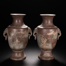 A pair of purple sand mud painting landscape hidden image ear bottles of the Qing Dynasty
