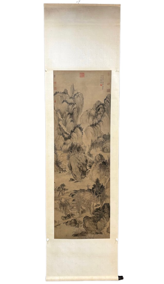 A hardcover mounted paper copy of Wang Meng of the Yuan Dynasty: Yuan Dynasty Wang Meng's hardcover mounted paper Size: Painting core 158x55cm (The Dimensions Of All Batches Are Manually Measured.If You Need More Detailed Information, Please Contact Our Customer Se
