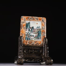 A Qing Dynasty alum red six-character imitation stone glaze landscape poetry insert