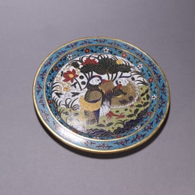 A copper-gilt cloisonné mandarin duck lotus pattern plate from the Qing Dynasty