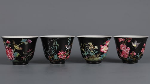 A set of enamel rose flower and bird pattern bell cups made by Yongzheng in the Qing Dynasty
