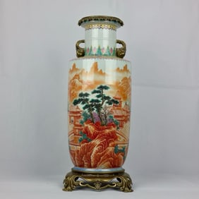 A beautiful pastel landscape bronze pomegranate amphora bottle