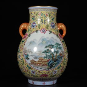A yellow background pastel gold-painted entwined lotus floral pattern open-window landscape amphora