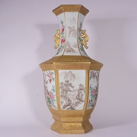 A pastel carved gold background window flower bird landscape hexagonal vase made in the Qianlong