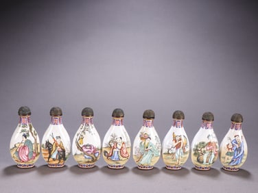 A set of Qing Dynasty copper tire painting enamel Eight Immortals crossing the sea snuff bottle