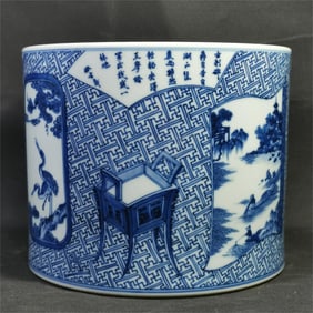 A blue and white swastika side open warehouse character poetry flower and bird pen holder made in