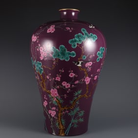 A large plum vase with a purple background pastel flower and bird pattern inscription made in the