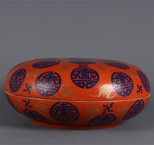 A coral red background with pastel Fushou double full-grain fruit box made in the Tongzhi period of