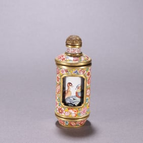 A Qing Dynasty copper tire painting enamel flower and bird pattern turning heart snuff bottle