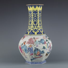 A blue and white yellow background with pastel eighteen Arhat hexagram vase made in the Qianlong