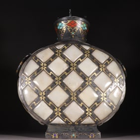 A Han Dynasty copper wrong gold and silver inlaid Hetian jade flat pot
