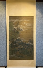 A beautiful silk vertical scroll of Qiu Ying's "Xianshan Pavilion Map"