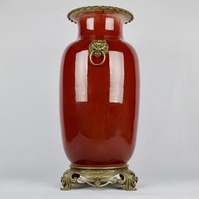 A beautiful Lang red glazed three-eared winter melon bottle with a bronze lion ring