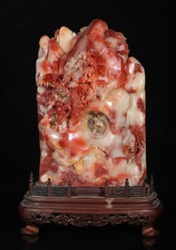 A beautiful Shoushan three-color hibiscus stone ornament has a unique cave