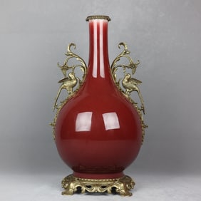 A beautiful Lang red glazed copper-inlaid flower and bird amphora bottle