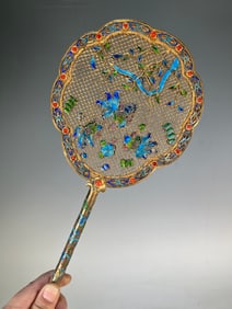 A fine sterling silver gilt blue filigree inlaid with gold and jade full hall pattern palace fan