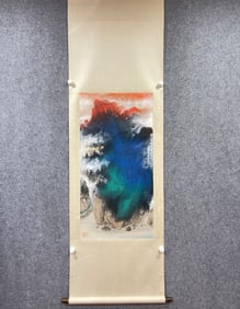 A vertical scroll of Zhang Daqian's splashed landscape on paper