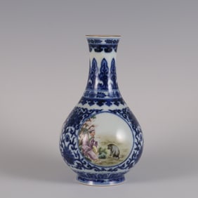 A blue and white with pastel window opening character story gall bottle made in the Qianlong period