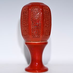 A red-glazed carved hollow palace lamp of Ming Hongzhi