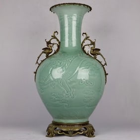 A beautiful shadow blue glaze dark carved cloud dragon pattern inlaid with bronze flower and bird