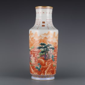 A poem stick bottle inscribed with alum red landscape pavilions made in the Yongzheng era of the