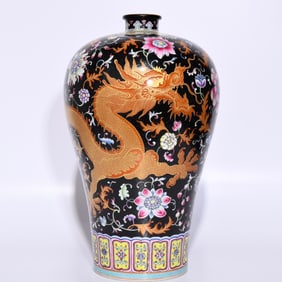 A black gold glazed pastel painted with gold and dragon pattern plum vase made in the Qianlong
