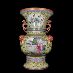 A large-mouthed bottle of enamel colorful yellow ground window flower and bird figures in the Qing