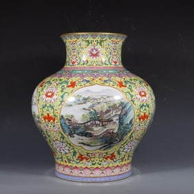A yellow pastel open-window landscape pankou statue made in the Qianlong period of the Qing Dynasty