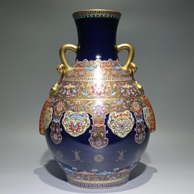 A Yongzheng year enamel colorful blue glaze gold-painted Fushou double-eared ruyi vase