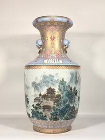 A Qing Dynasty Qianlong era enamel colored gold background ancient moon pavilion Yellow Crane Tower